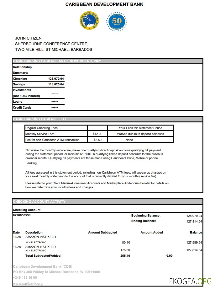 Relevé de la Banque de développement de la Barbade et des Caraïbes, modèle facile à remplir au format de fichier .xls et .pdf